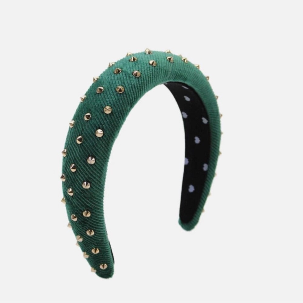 RARE Lele Sadoughi Emerald Green Velvet Corduroy Padded Gold Studs Headband NWOT - Picture 2 of 6